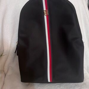 Elegant Black Backpack with Red and White Accent
